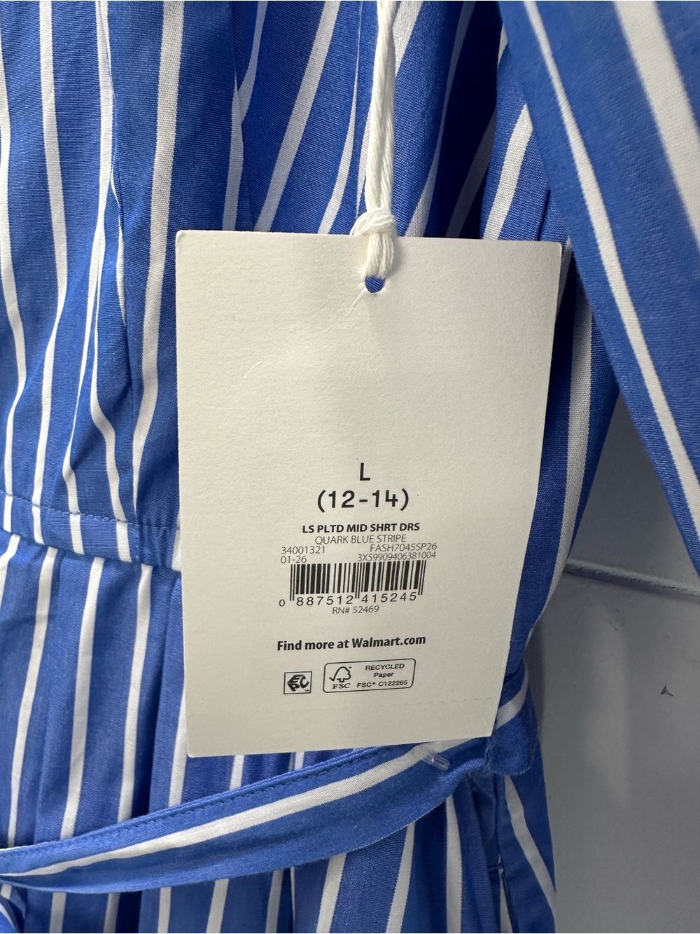 Free Assembly Striped Cotton Midi Shirt Dress Blue White Belted Modest Preppy L - Picture 12 of 14